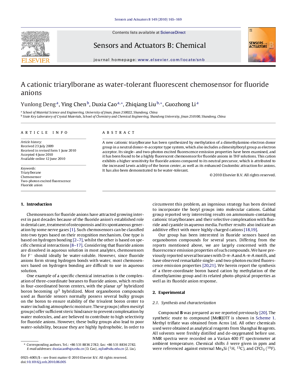 A cationic triarylborane as water-tolerant fluorescent chemosensor for fluoride anions