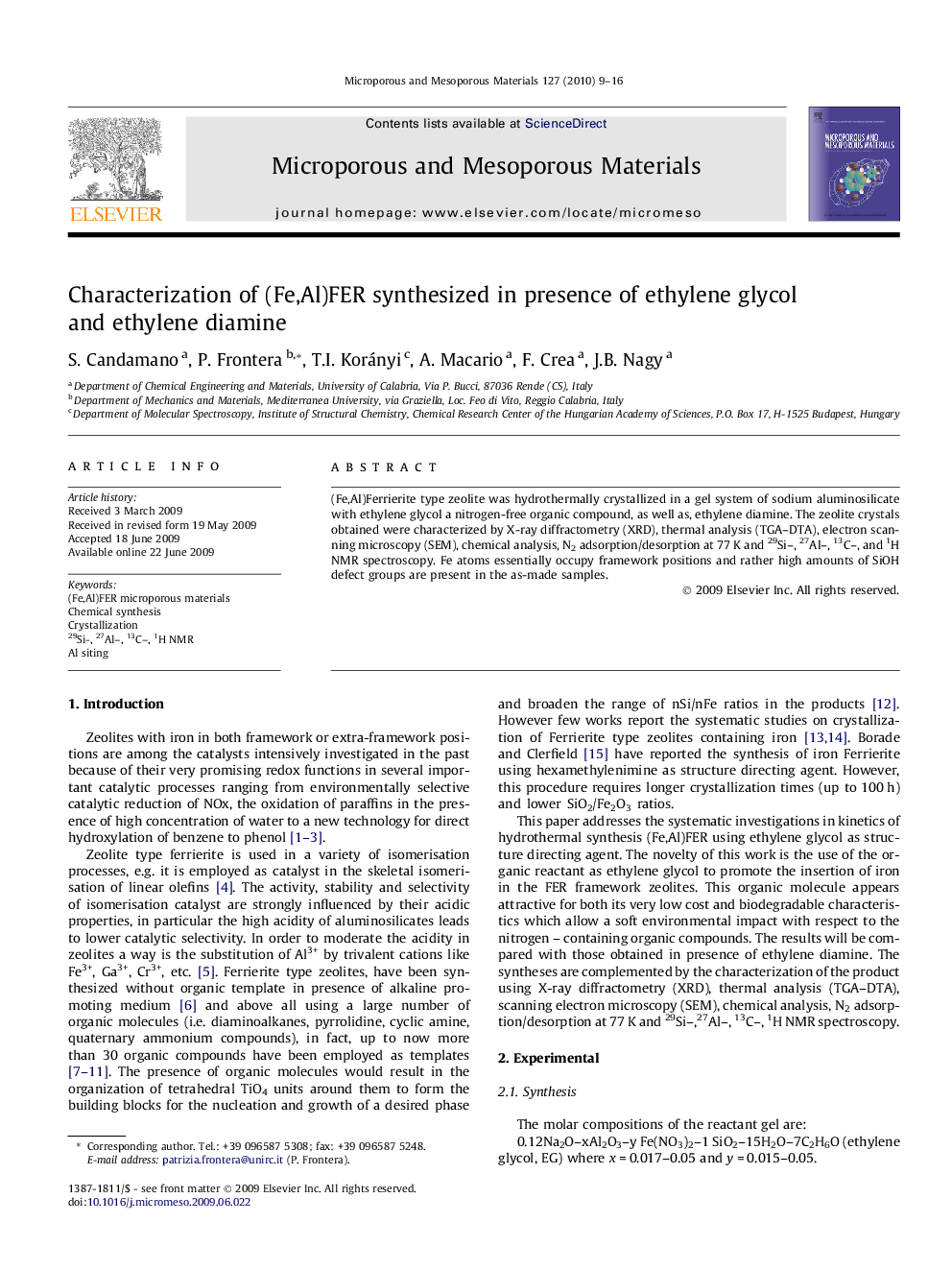 Characterization of (Fe,Al)FER synthesized in presence of ethylene glycol and ethylene diamine