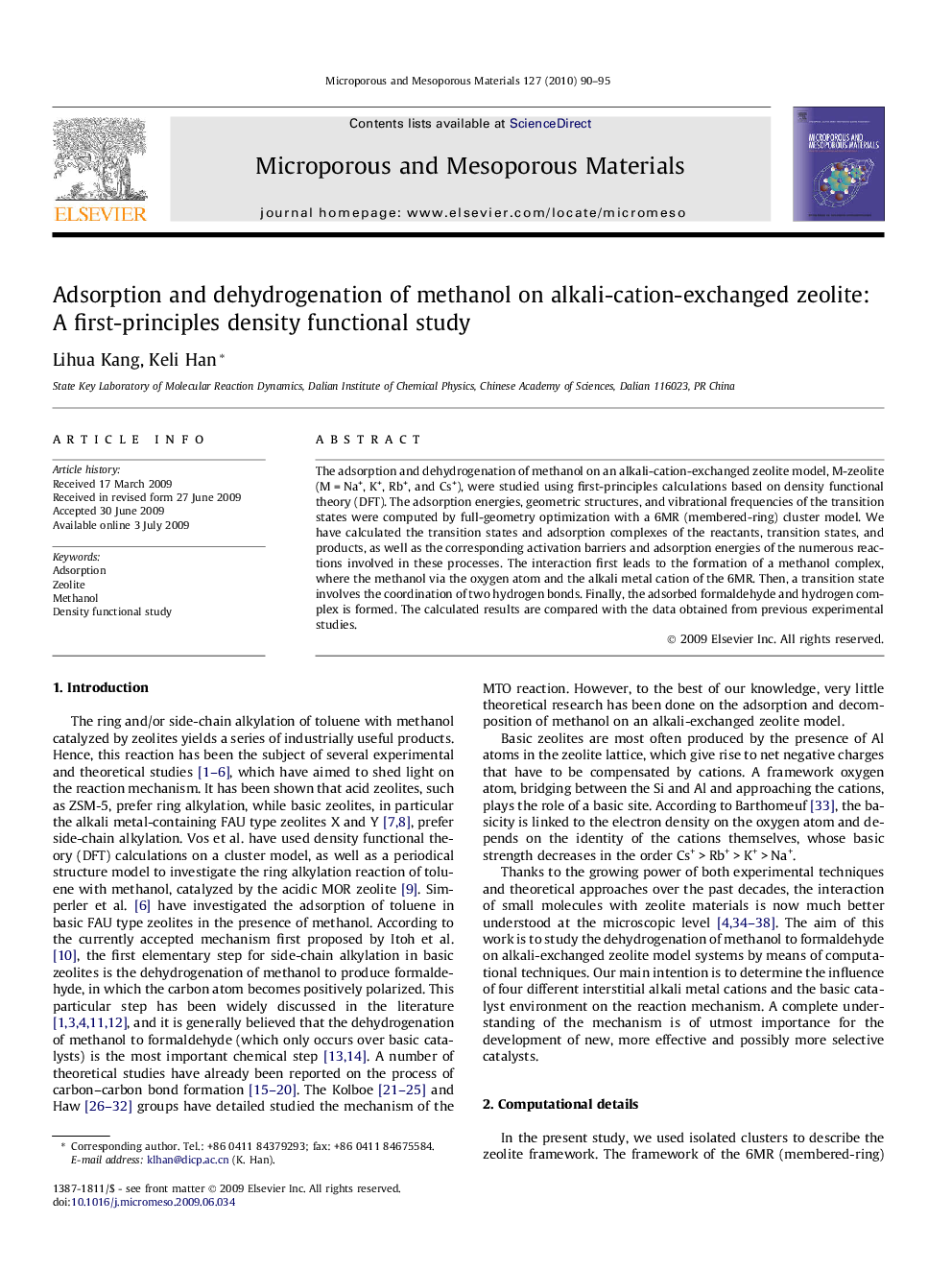 Adsorption and dehydrogenation of methanol on alkali-cation-exchanged zeolite: A first-principles density functional study