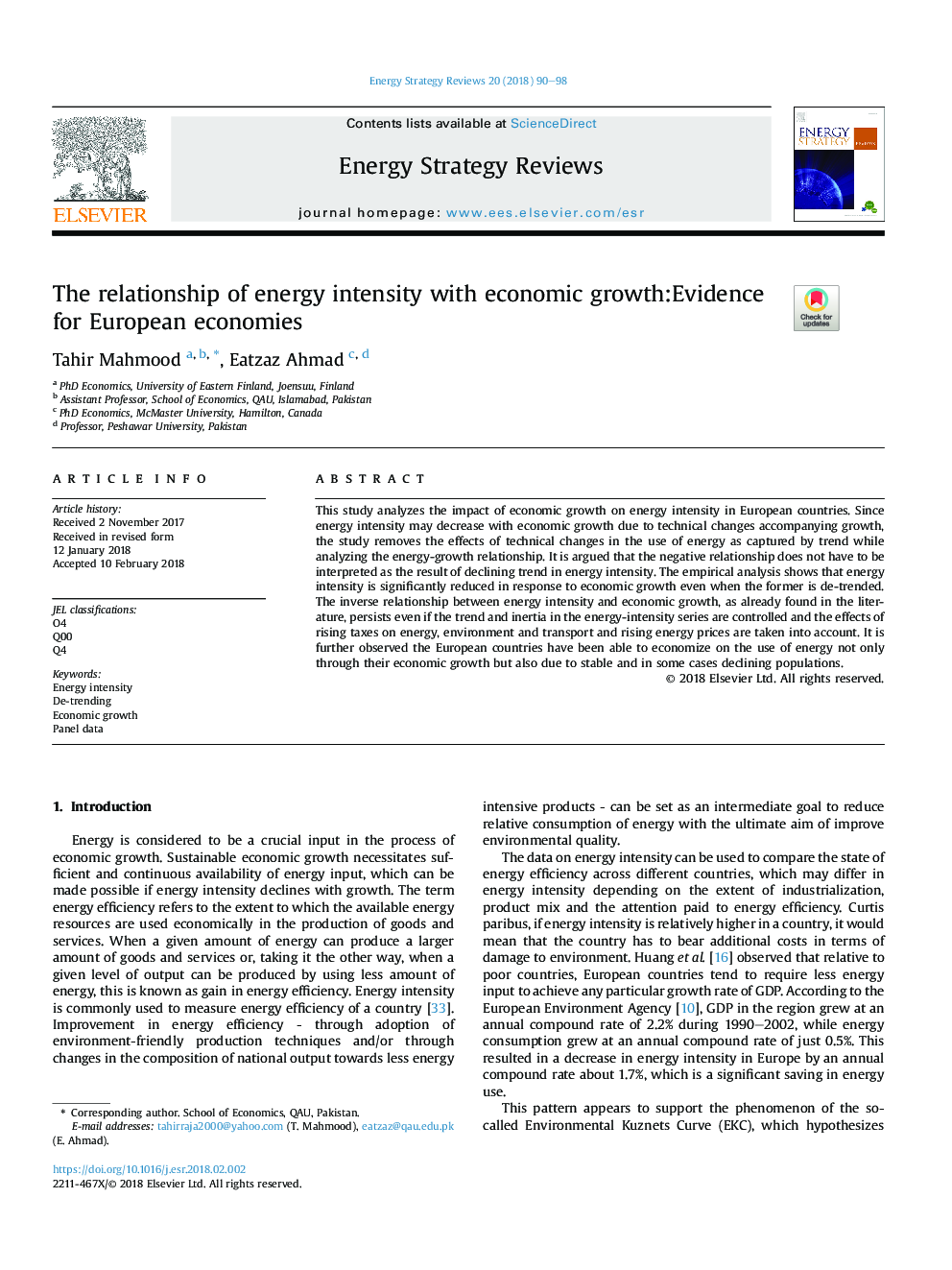رابطه شدت انرژی با رشد اقتصادی: شواهدی برای اقتصادهای اروپایی 