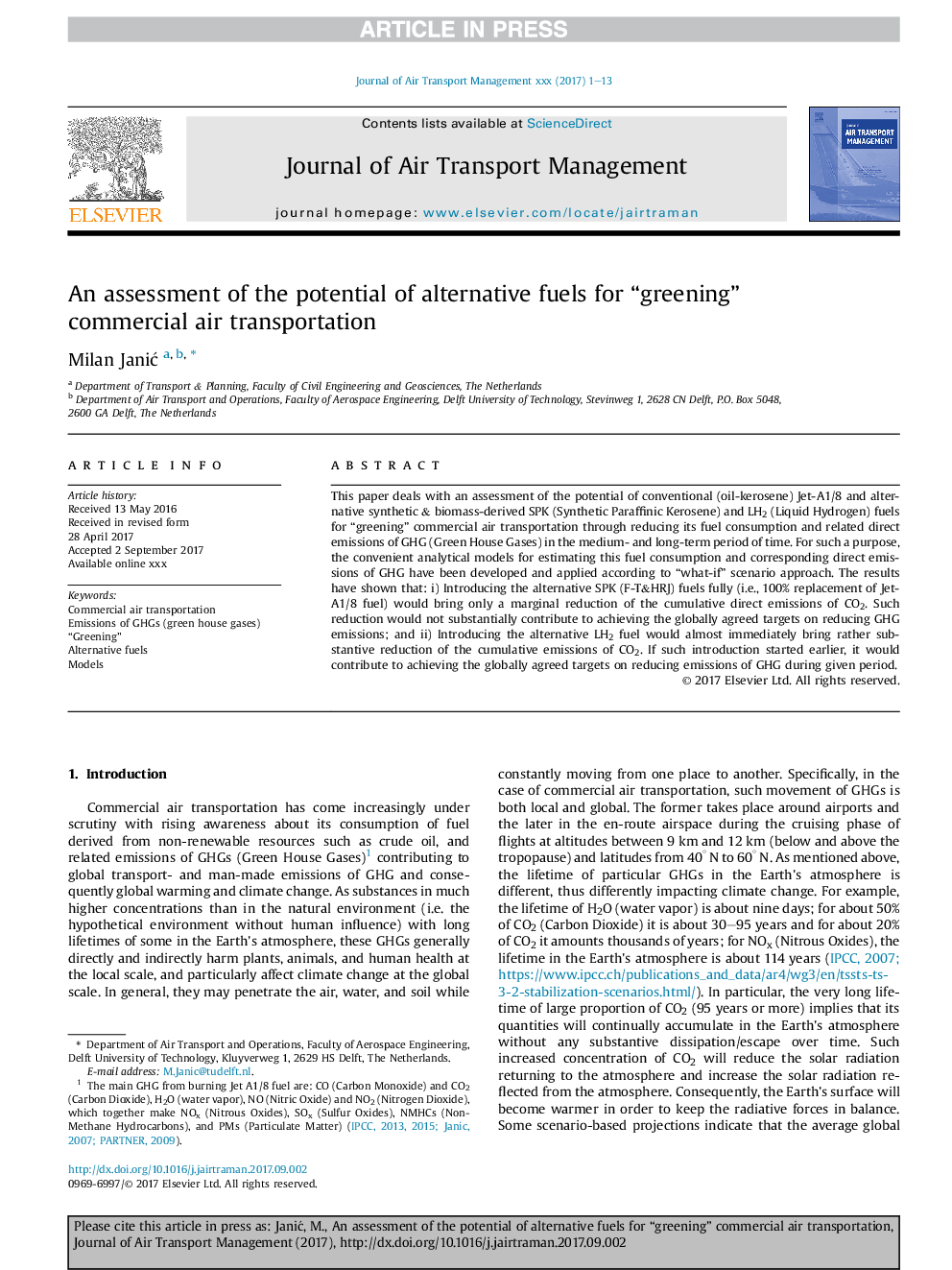 An assessment of the potential of alternative fuels for “greening” commercial air transportation