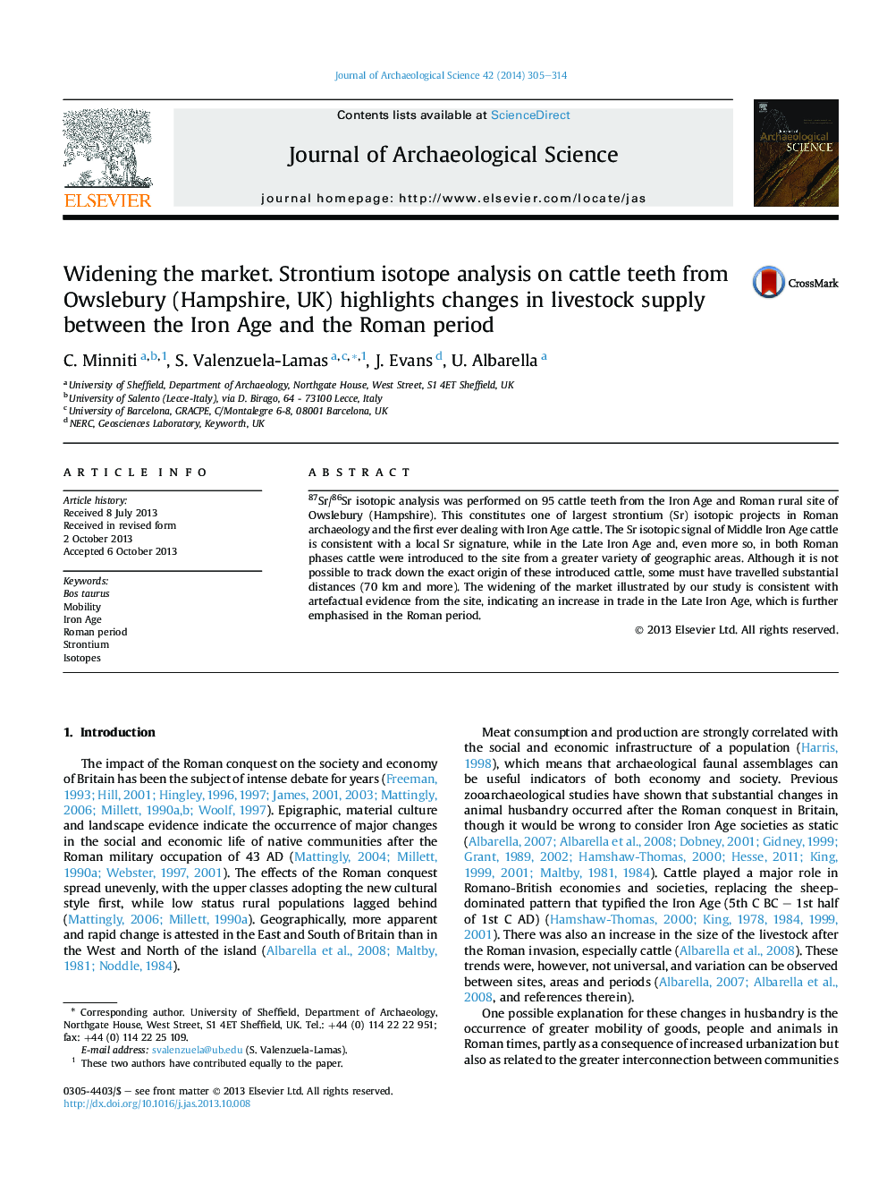 Widening the market. Strontium isotope analysis on cattle teeth from Owslebury (Hampshire, UK) highlights changes in livestock supply between the Iron Age and the Roman period