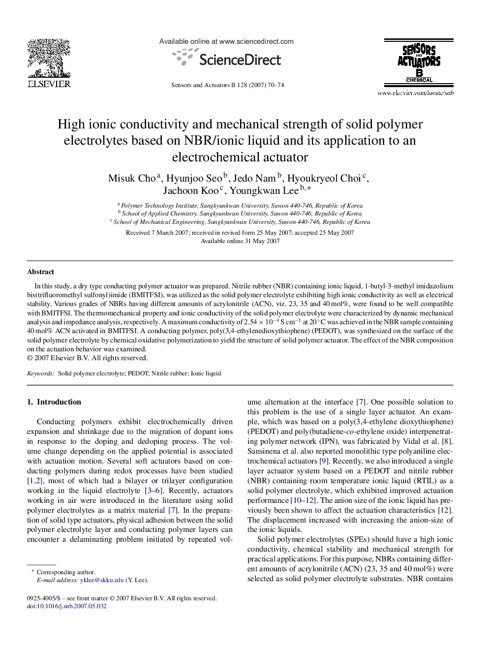 High ionic conductivity and mechanical strength of solid polymer electrolytes based on NBR/ionic liquid and its application to an electrochemical actuator