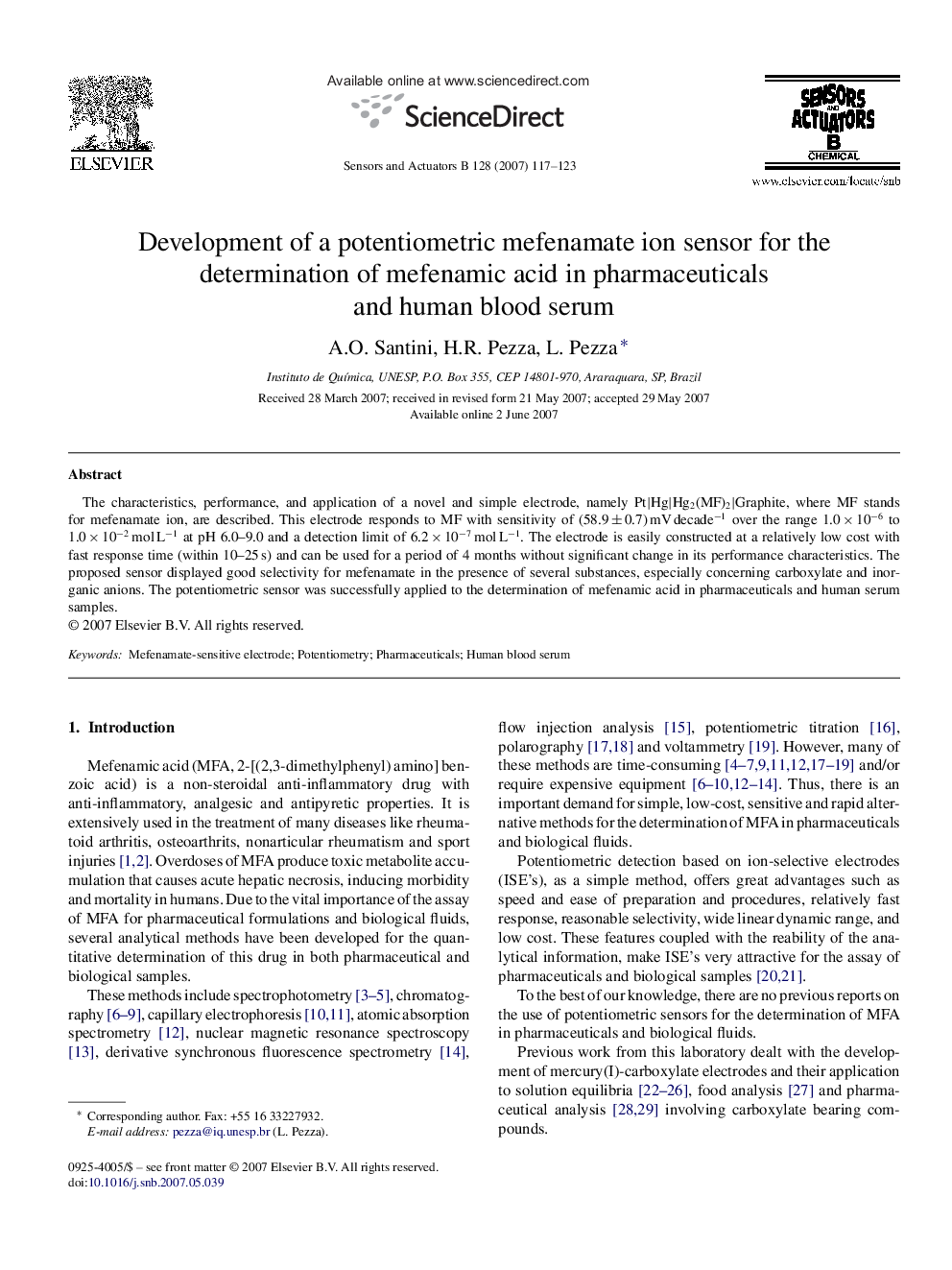 Development of a potentiometric mefenamate ion sensor for the determination of mefenamic acid in pharmaceuticals and human blood serum