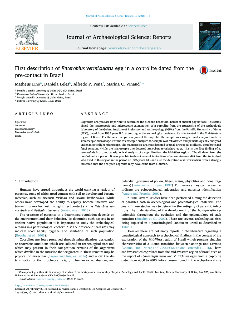 First description of Enterobius vermicularis egg in a coprolite dated from the pre-contact in Brazil