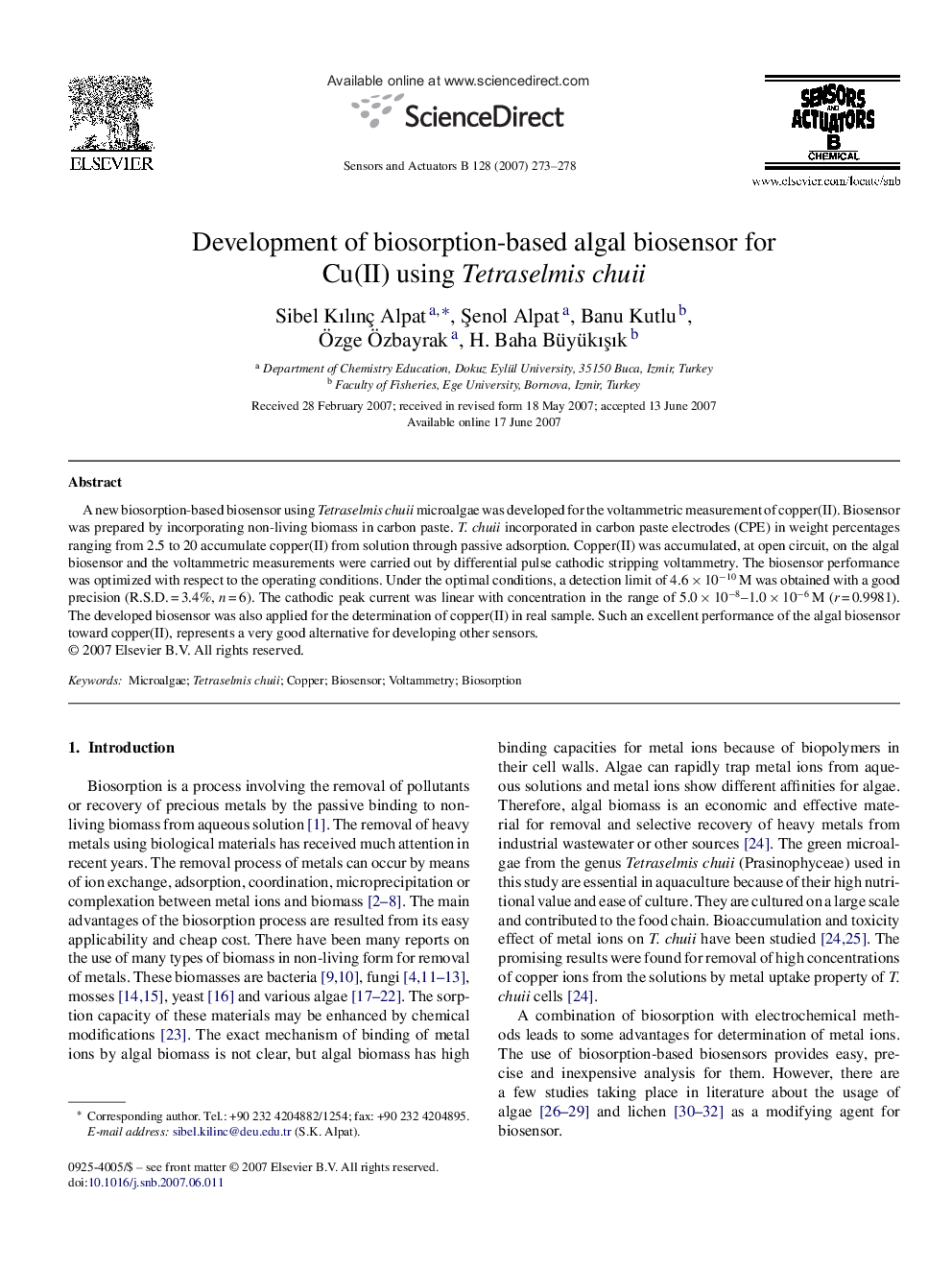 Development of biosorption-based algal biosensor for Cu(II) using Tetraselmis chuii