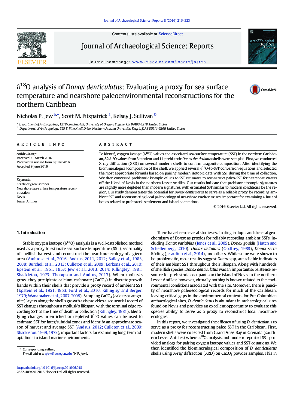Î´18O analysis of Donax denticulatus: Evaluating a proxy for sea surface temperature and nearshore paleoenvironmental reconstructions for the northern Caribbean