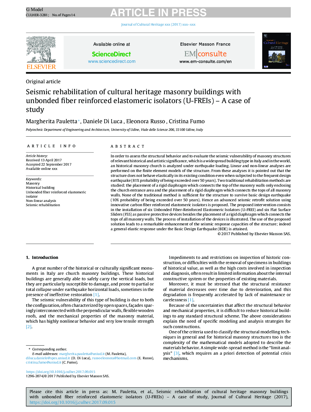 Seismic rehabilitation of cultural heritage masonry buildings with unbonded fiber reinforced elastomeric isolators (U-FREIs) - A case of study