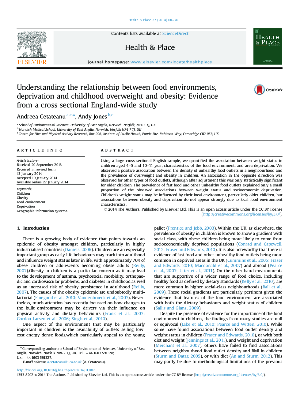 درک رابطه بین محیط غذا، محرومیت و اضافه وزن و چاقی در دوران کودکی: شواهد از یک مطالعه مقطعی در سراسر انگلستان 