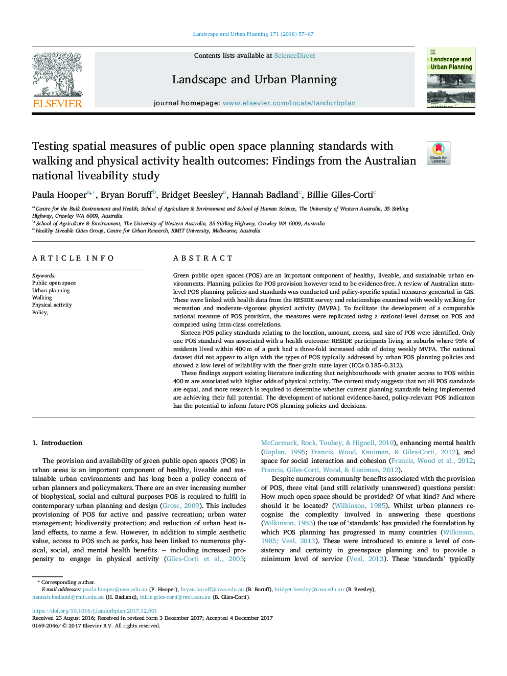 تست اندازه های فضایی استانداردهای برنامه ریزی فضای باز عمومی با نتایج سلامتی پیاده روی و فعالیت های جسمی: ​​یافته های مطالعه ملی زندگی استرالیا 