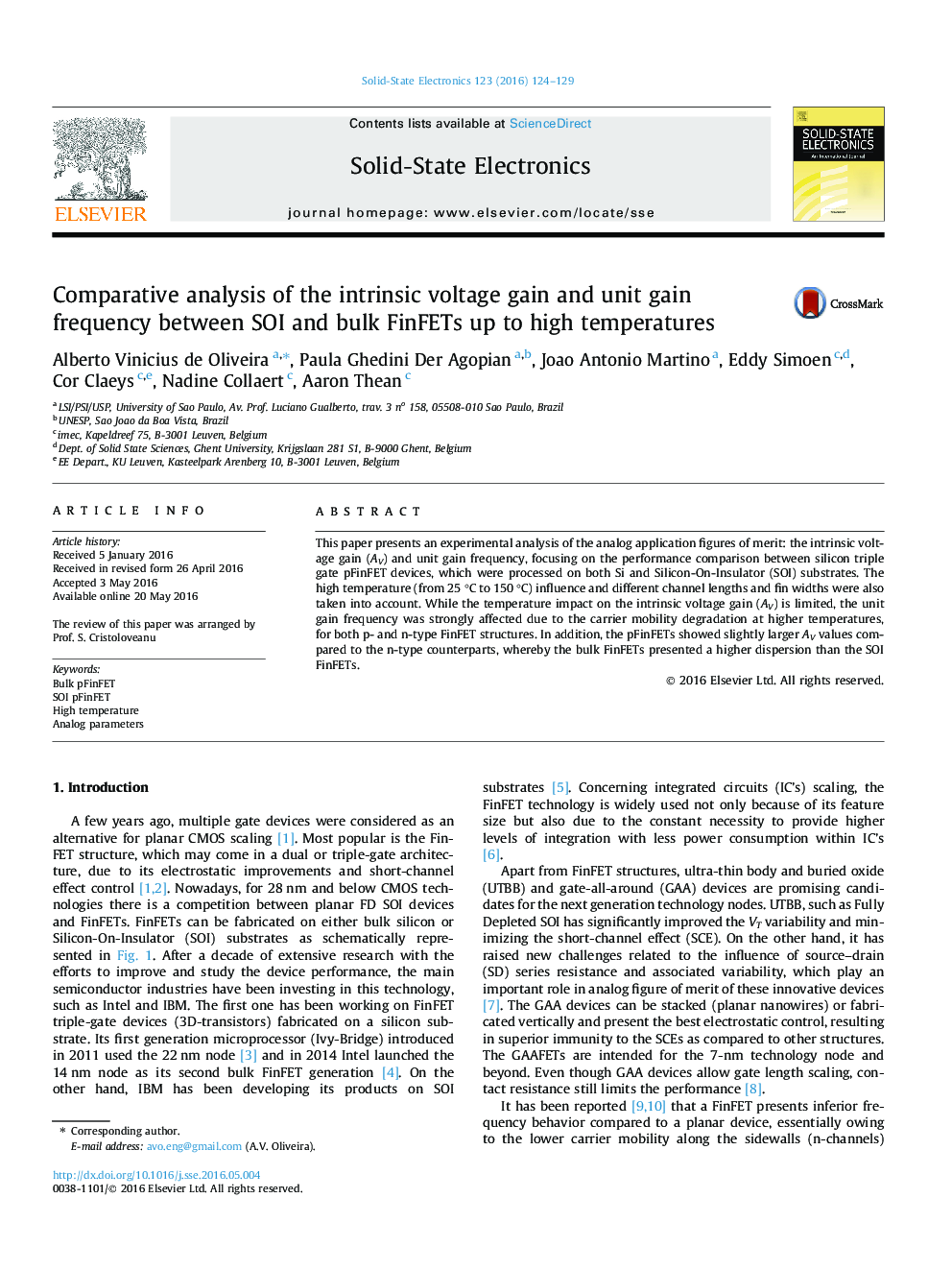 Comparative analysis of the intrinsic voltage gain and unit gain frequency between SOI and bulk FinFETs up to high temperatures