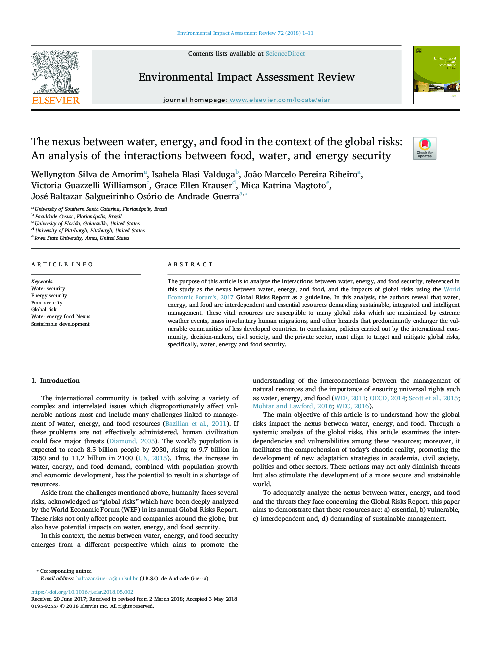 رابطه بین آب، انرژی و مواد غذایی در زمینه خطرات جهانی: تجزیه و تحلیل تعاملات میان غذا، آب و امنیت انرژی 