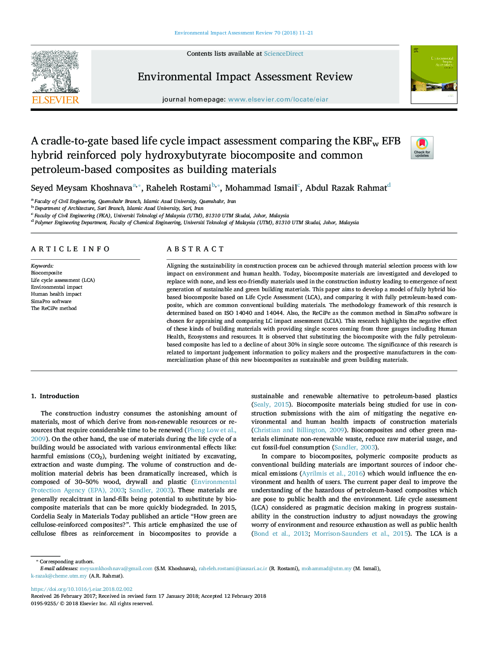 A cradle-to-gate based life cycle impact assessment comparing the KBFw EFB hybrid reinforced poly hydroxybutyrate biocomposite and common petroleum-based composites as building materials