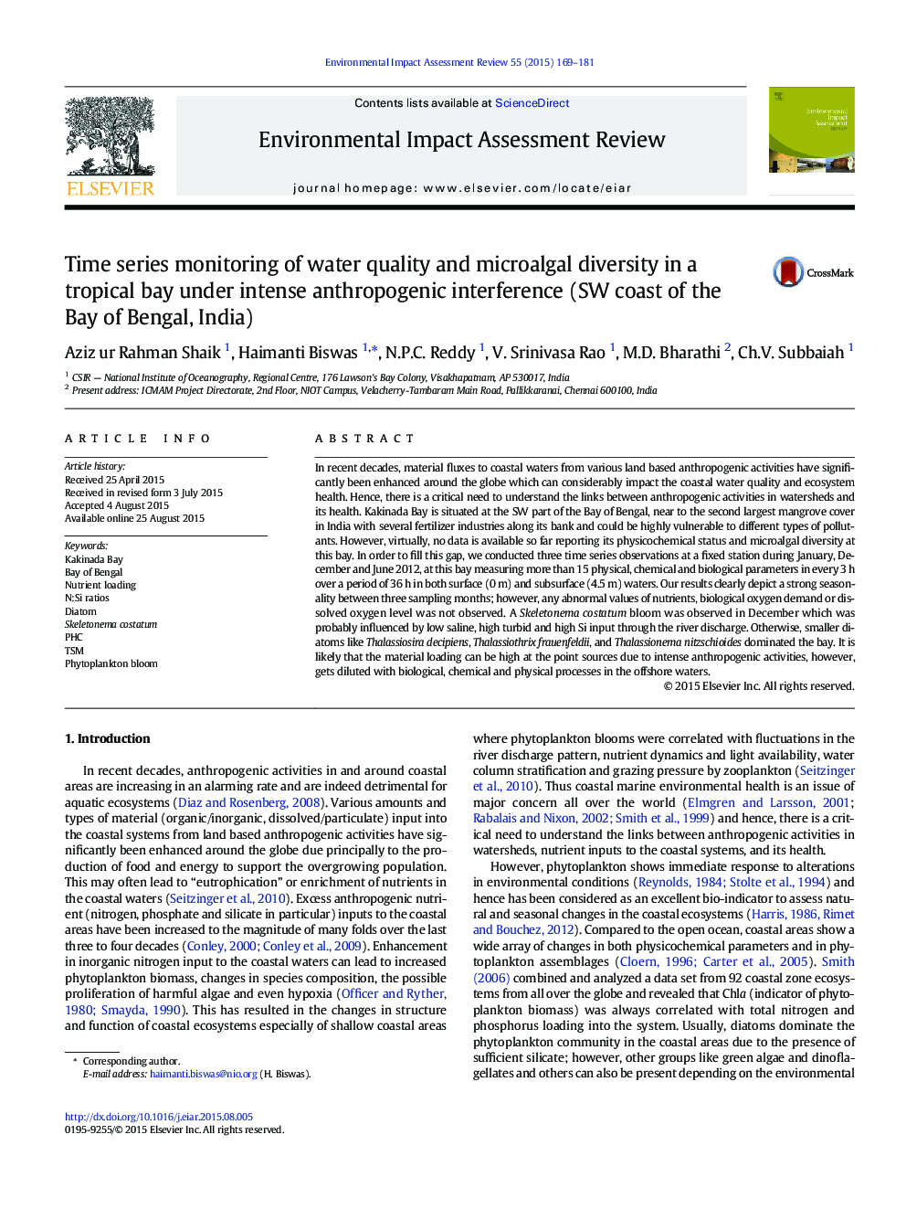 نظارت بر کیفیت زمانی و کیفیت آب و تنوع میکروالگل در یک خلیج گرمسیری تحت شدت تداخل انسان شناسی (ساحل دریای خلیج بنگال، هند) 