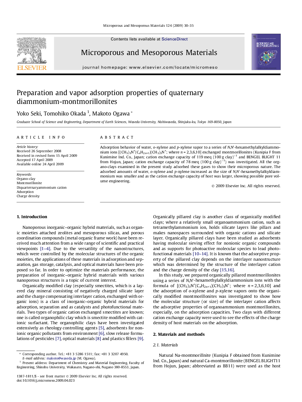 Preparation and vapor adsorption properties of quaternary diammonium-montmorillonites