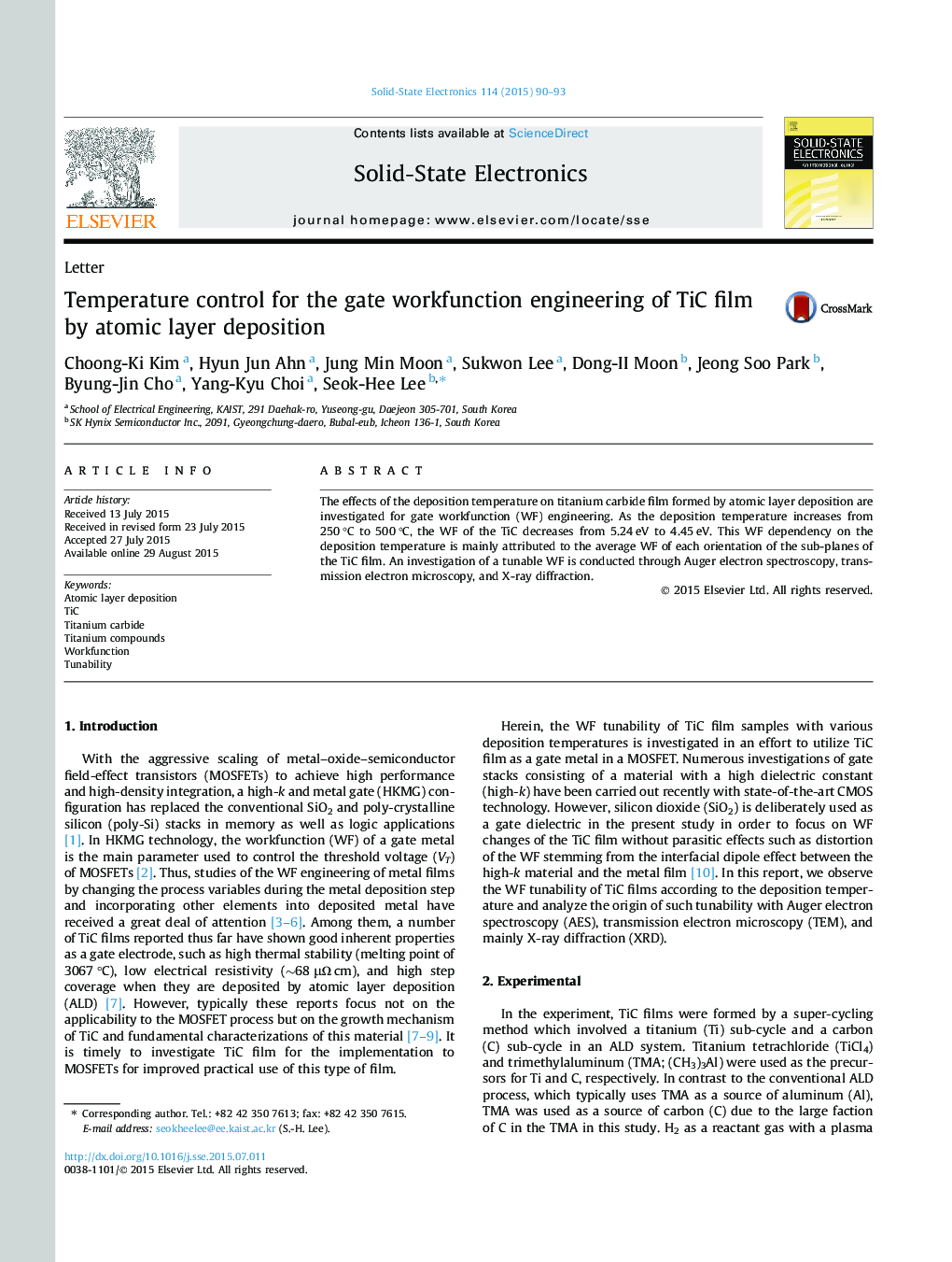 Temperature control for the gate workfunction engineering of TiC film by atomic layer deposition