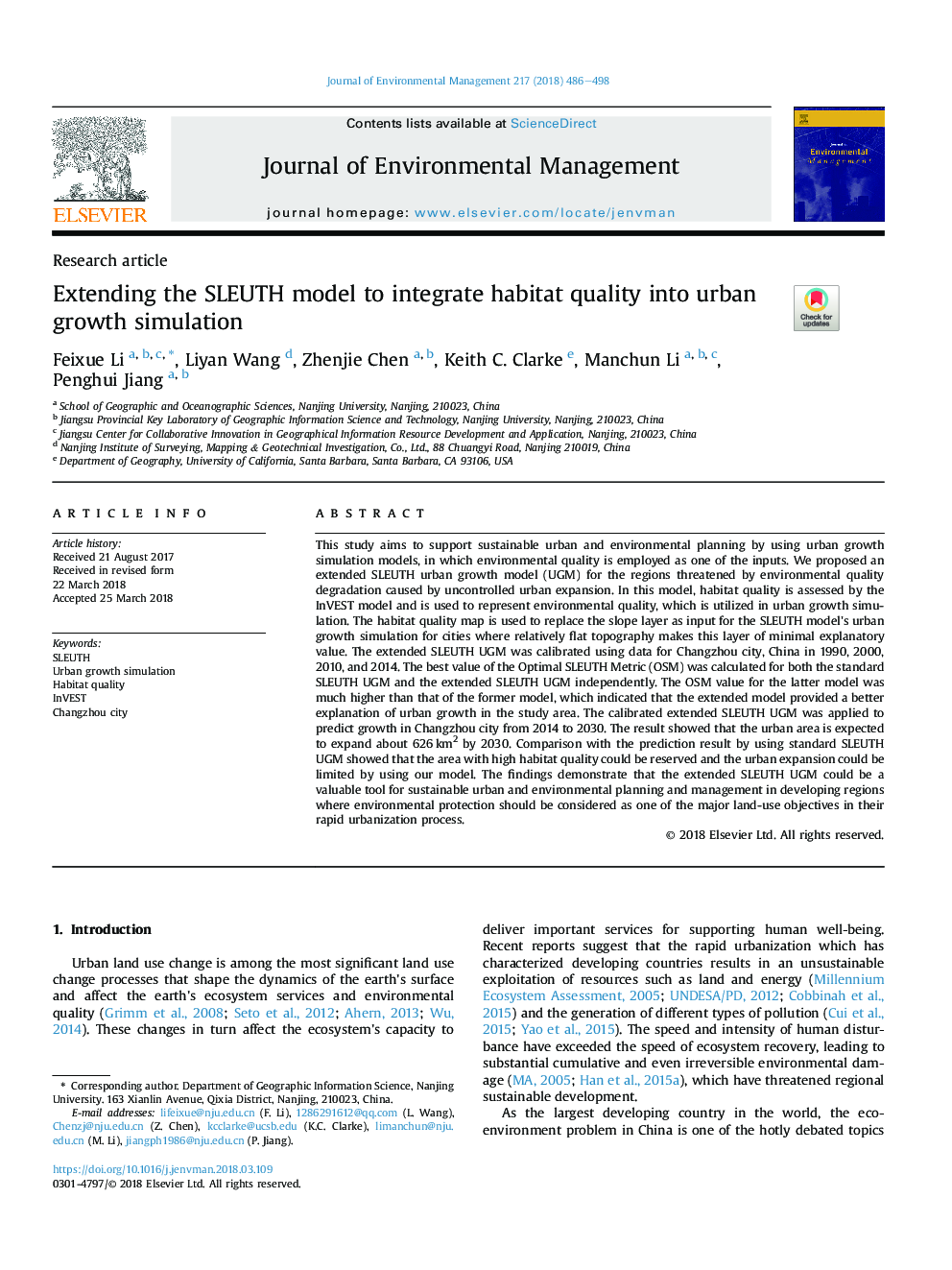 Extending the SLEUTH model to integrate habitat quality into urban growth simulation