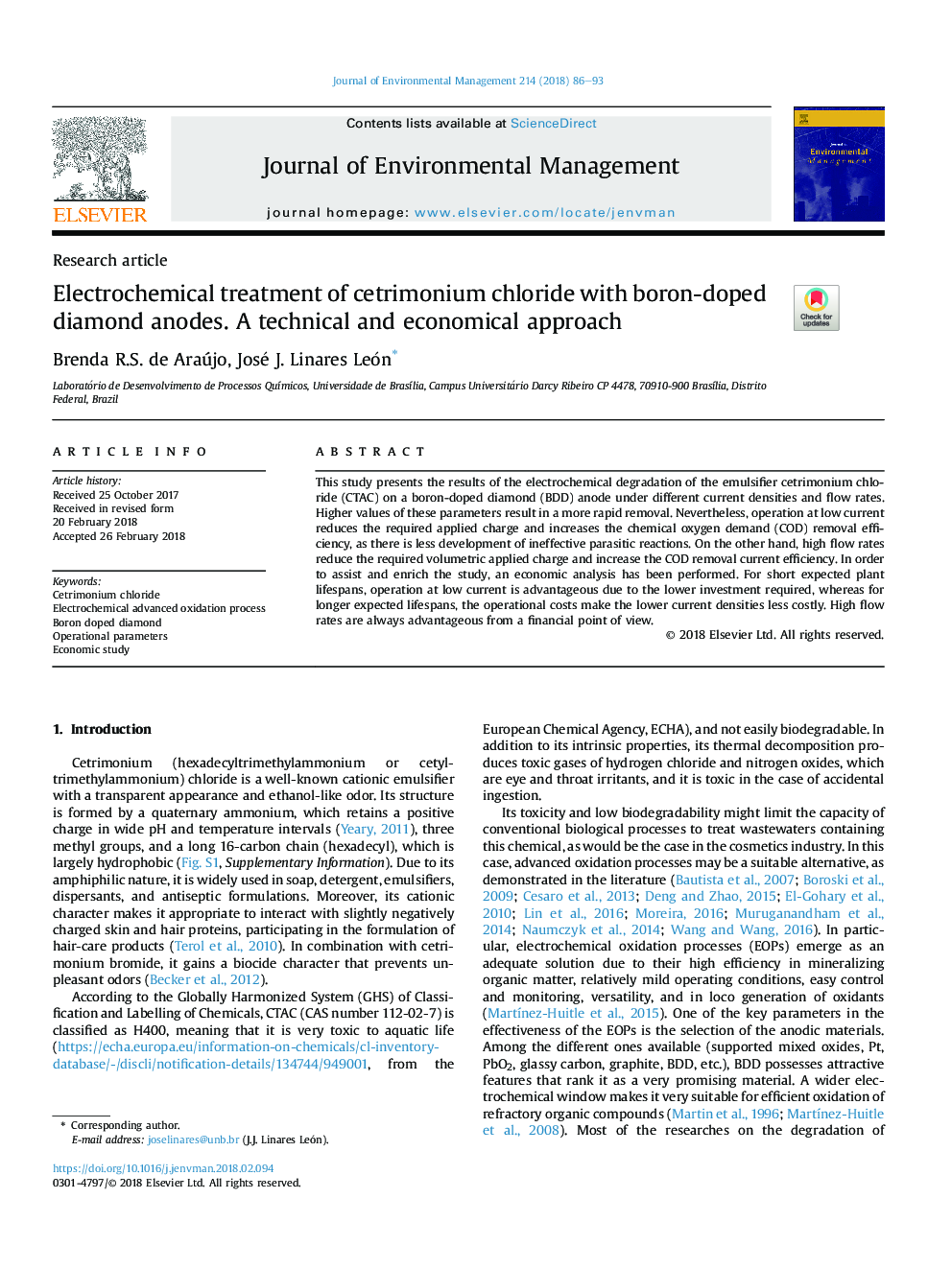 Electrochemical treatment of cetrimonium chloride with boron-doped diamond anodes. A technical and economical approach