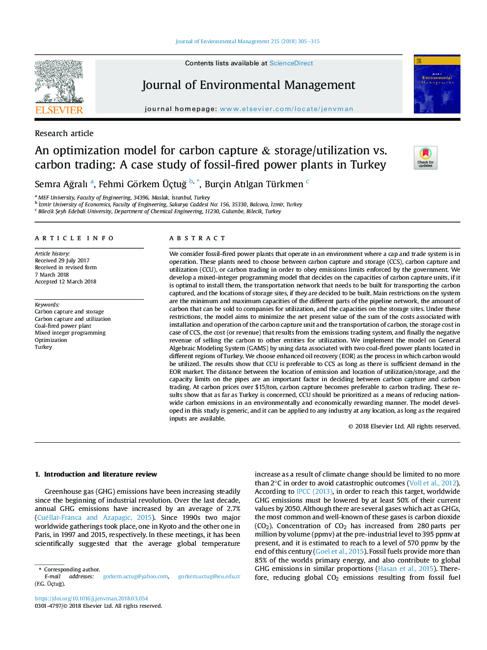 یک مدل بهینه سازی برای جذب کربن و ذخیره / مصرف در برابر تجارت کربن: مطالعه موردی نیروگاه های فسیلی در ترکیه 