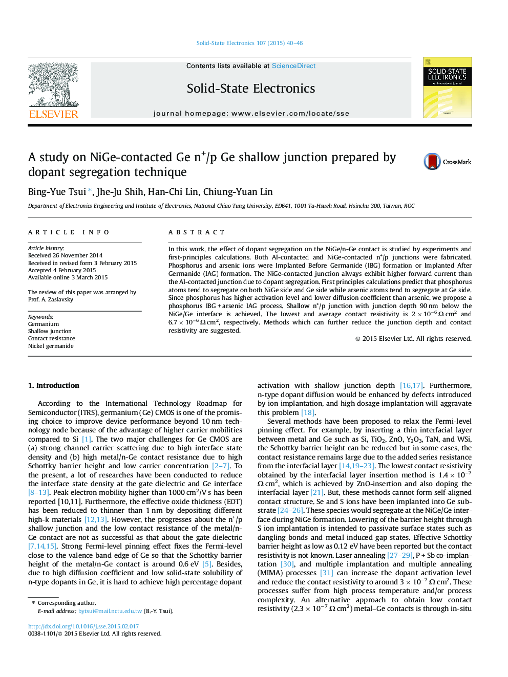 A study on NiGe-contacted Ge n+/p Ge shallow junction prepared by dopant segregation technique