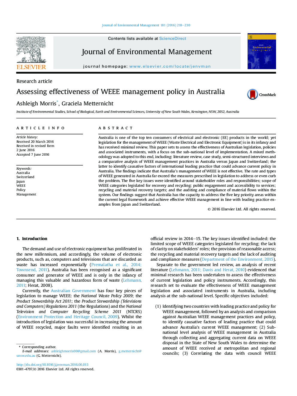 Assessing effectiveness of WEEE management policy in Australia