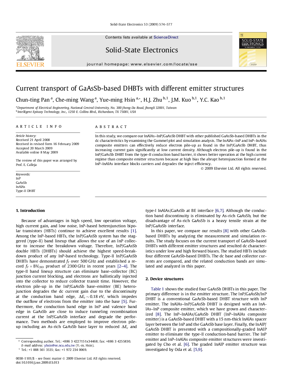 Current transport of GaAsSb-based DHBTs with different emitter structures