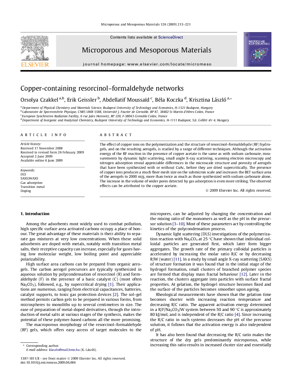 Copper-containing resorcinol–formaldehyde networks