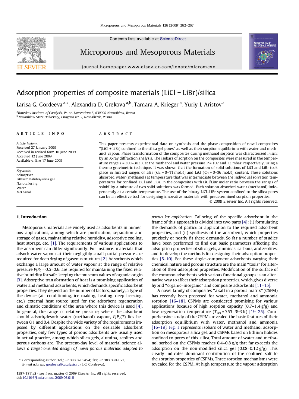 Adsorption properties of composite materials (LiCl + LiBr)/silica