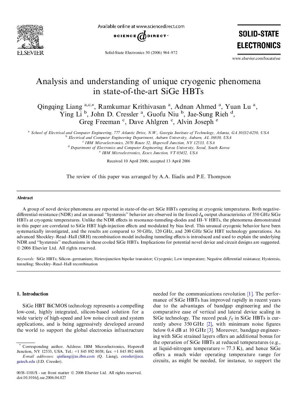 Analysis and understanding of unique cryogenic phenomena in state-of-the-art SiGe HBTs
