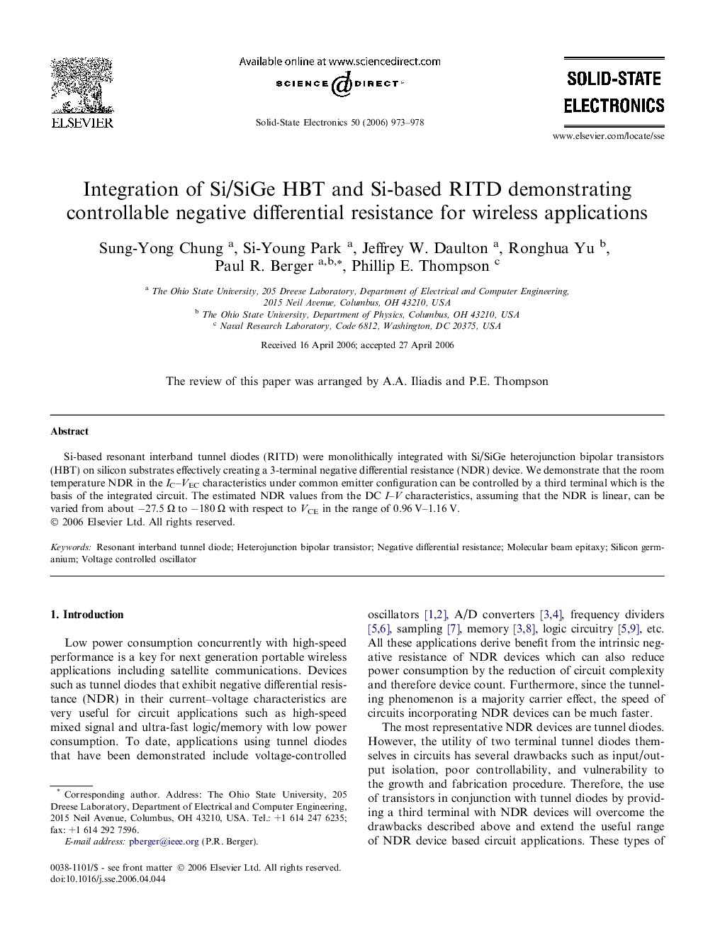 Integration of Si/SiGe HBT and Si-based RITD demonstrating controllable negative differential resistance for wireless applications