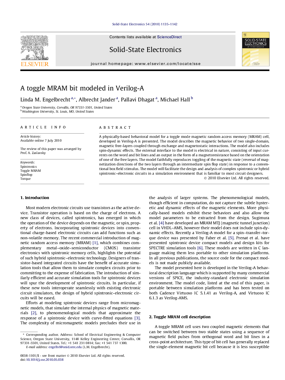 A toggle MRAM bit modeled in Verilog-A