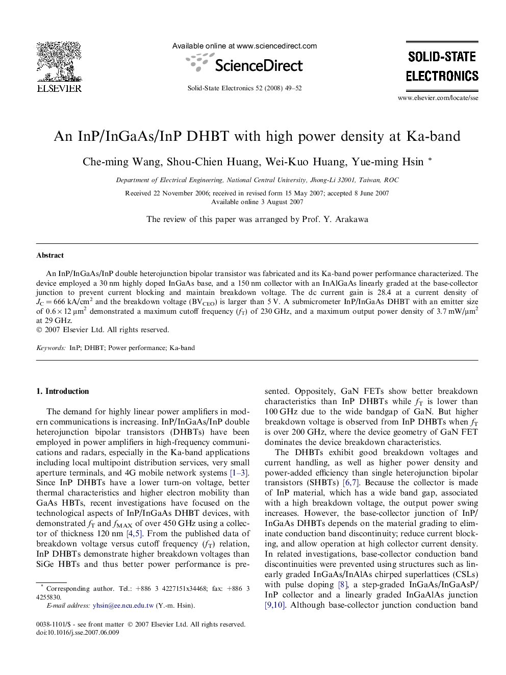 An InP/InGaAs/InP DHBT with high power density at Ka-band