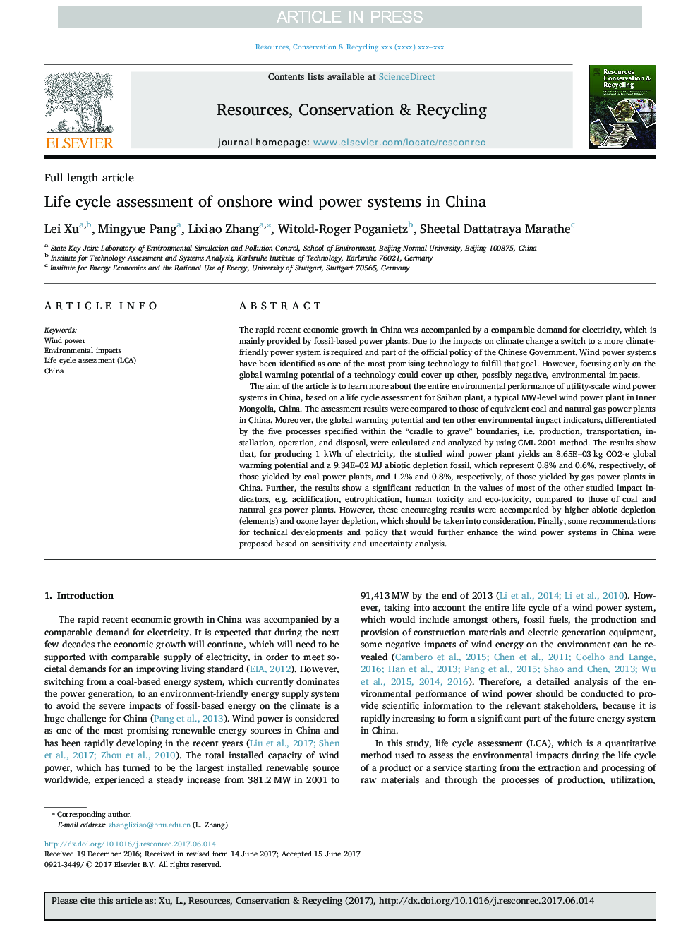 ارزیابی چرخه زندگی سیستم های انرژی باد در دریای خزر در چین 
