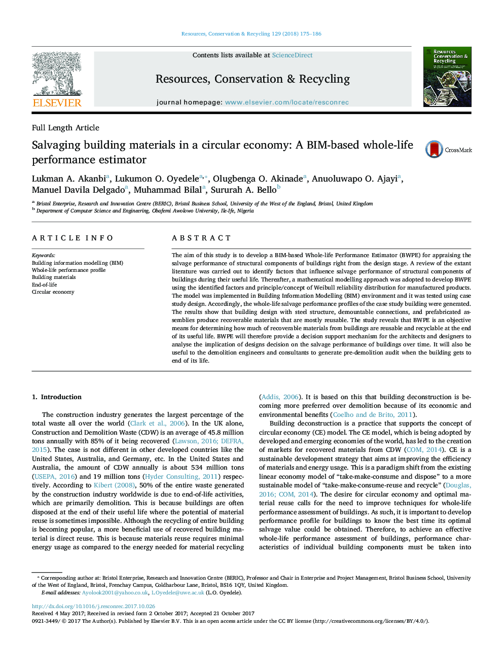 Salvaging building materials in a circular economy: A BIM-based whole-life performance estimator