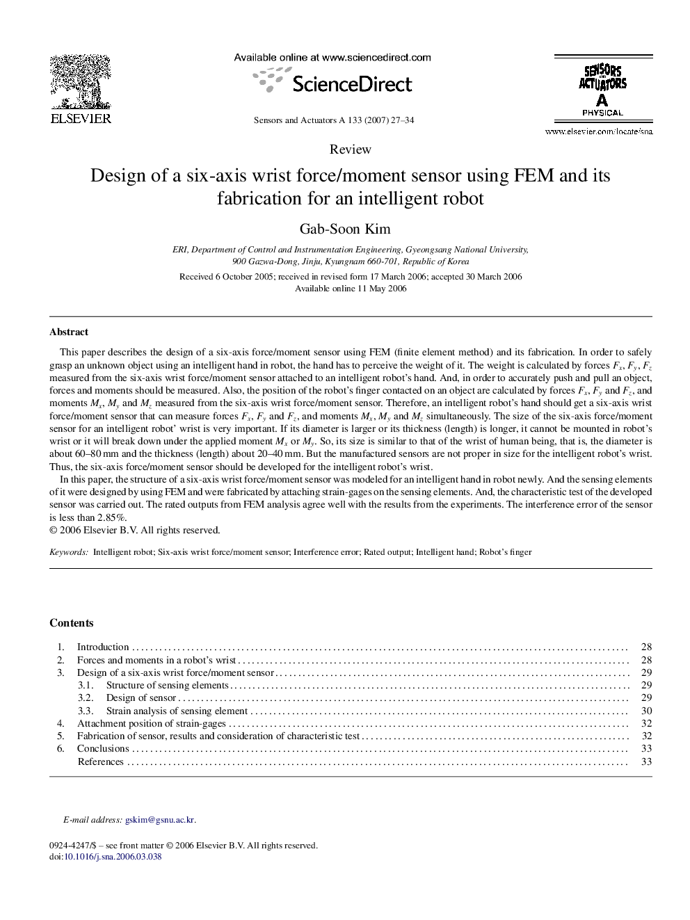 Design of a six-axis wrist force/moment sensor using FEM and its fabrication for an intelligent robot