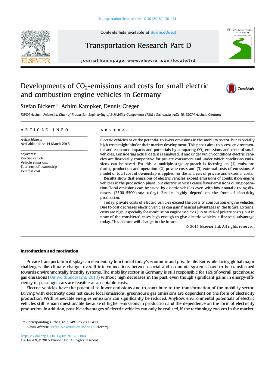 Developments of CO2-emissions and costs for small electric and combustion engine vehicles in Germany