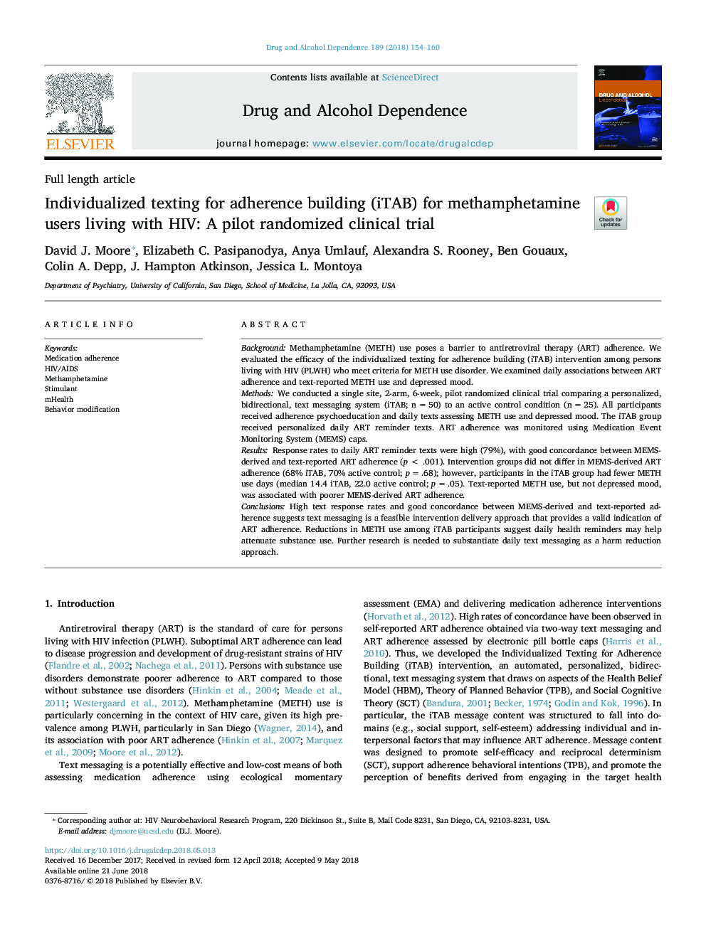Individualized texting for adherence building (iTAB) for methamphetamine users living with HIV: A pilot randomized clinical trial