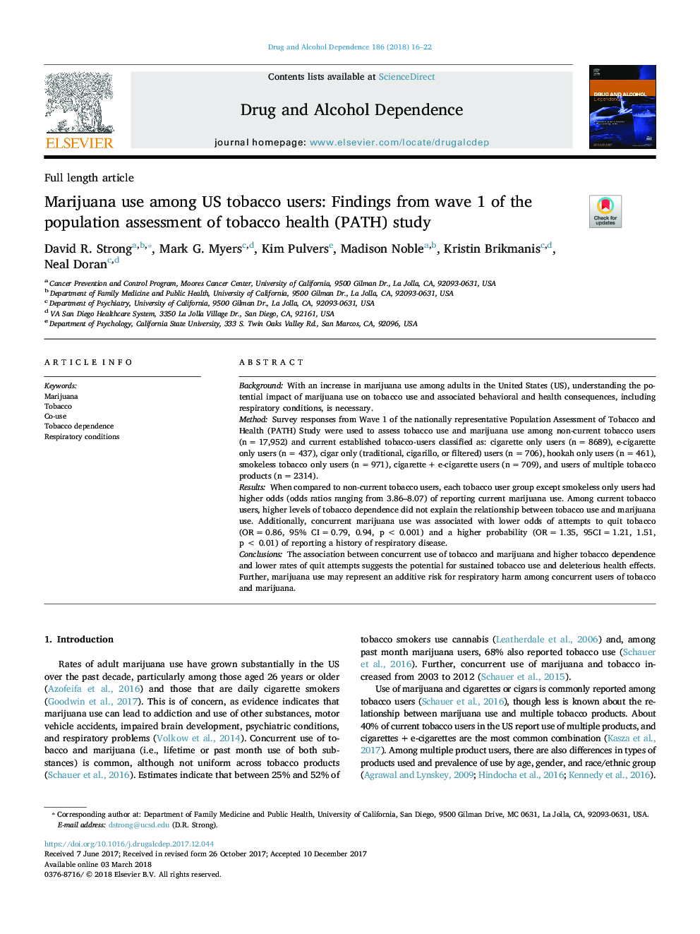 Marijuana use among US tobacco users: Findings from wave 1 of the population assessment of tobacco health (PATH) study