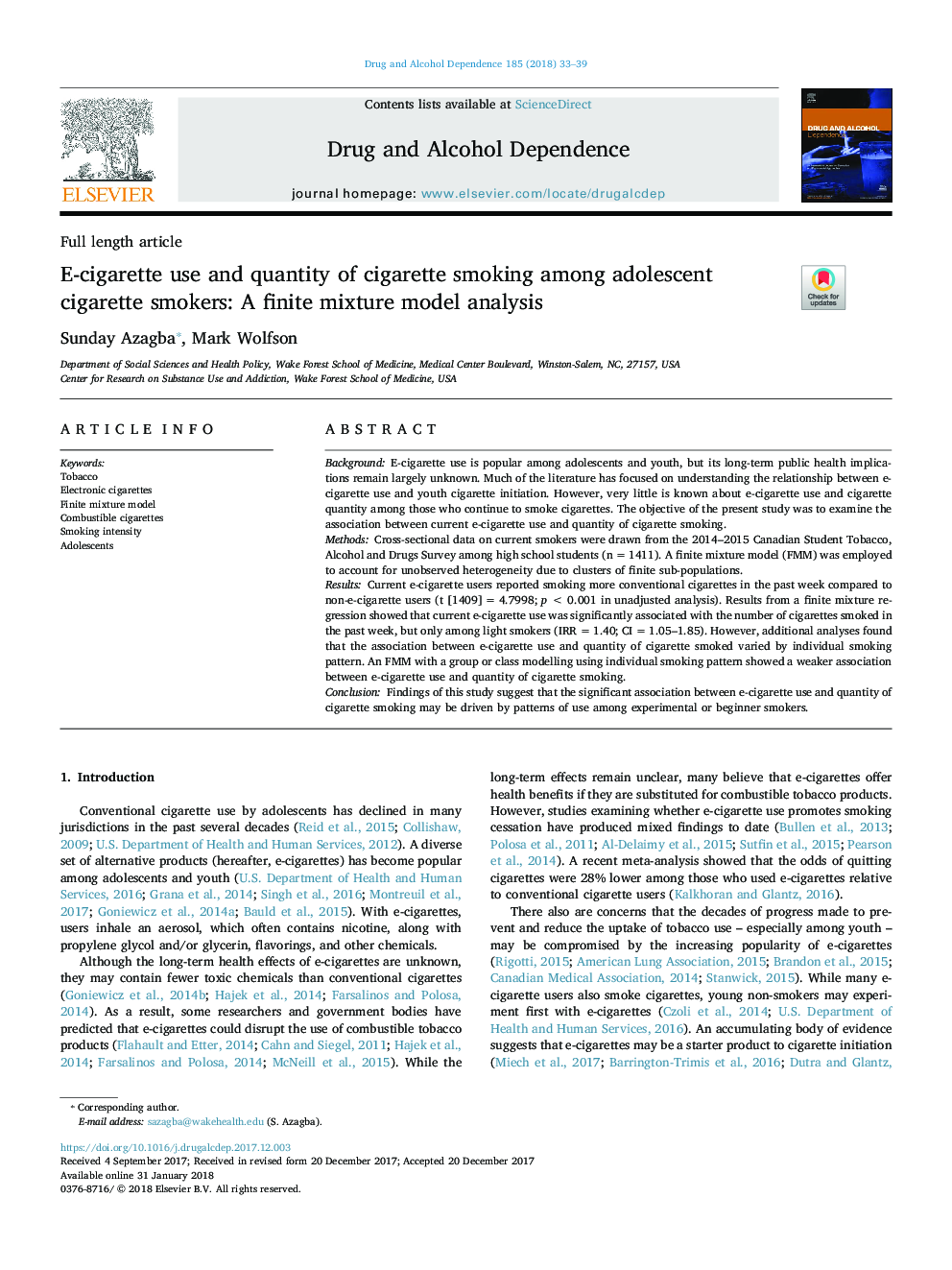 استفاده از سیگار و مقدار سیگار کشیدن سیگاریهای سیگاری نوجوانان: تجزیه و تحلیل مدل ترکیبی محدود 