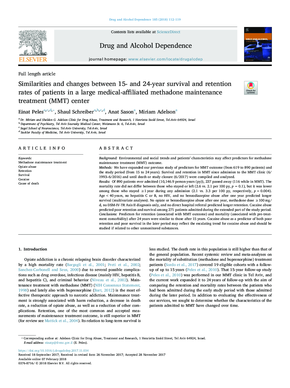 Similarities and changes between 15- and 24-year survival and retention rates of patients in a large medical-affiliated methadone maintenance treatment (MMT) center