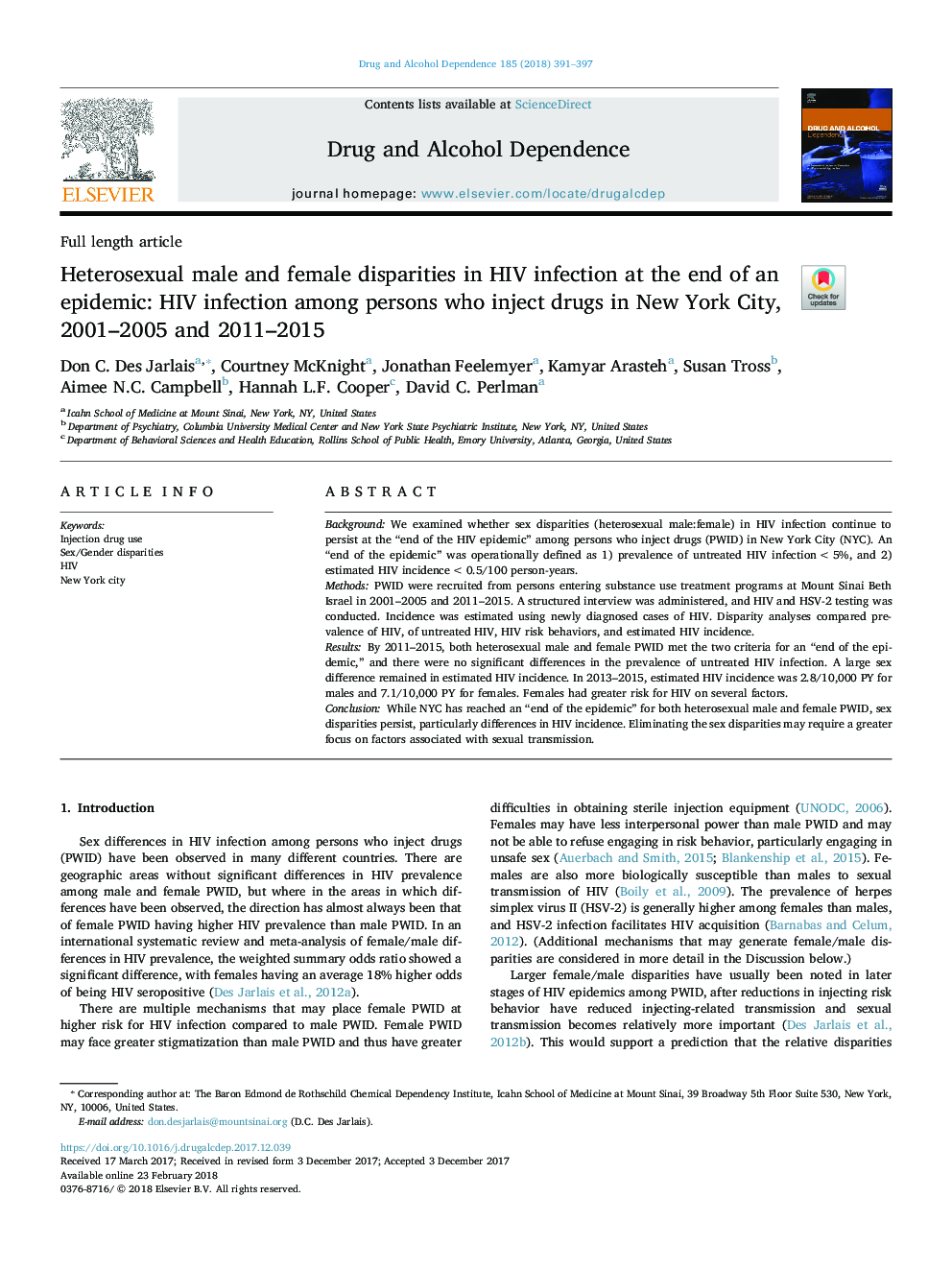 Heterosexual male and female disparities in HIV infection at the end of an epidemic: HIV infection among persons who inject drugs in New York City, 2001-2005 and 2011-2015