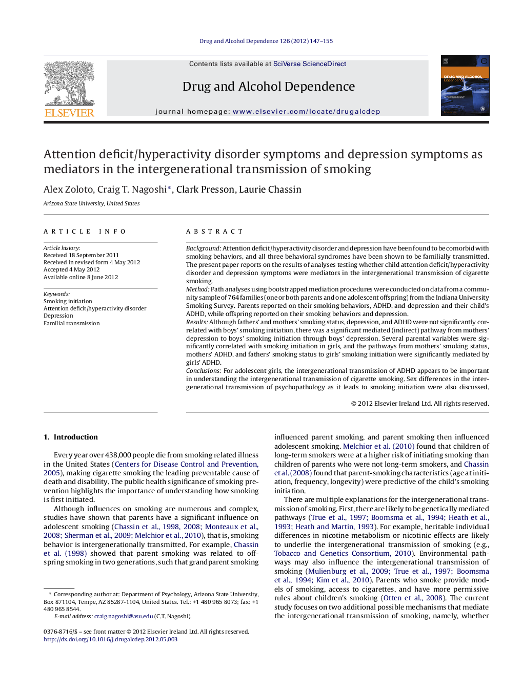 Attention deficit/hyperactivity disorder symptoms and depression symptoms as mediators in the intergenerational transmission of smoking