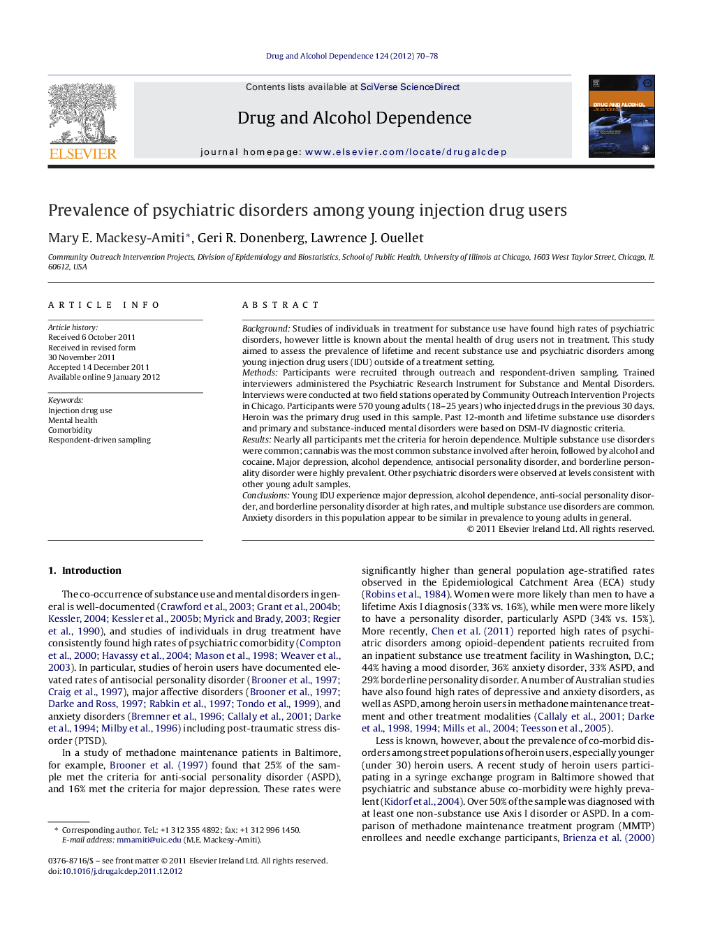 Prevalence of psychiatric disorders among young injection drug users