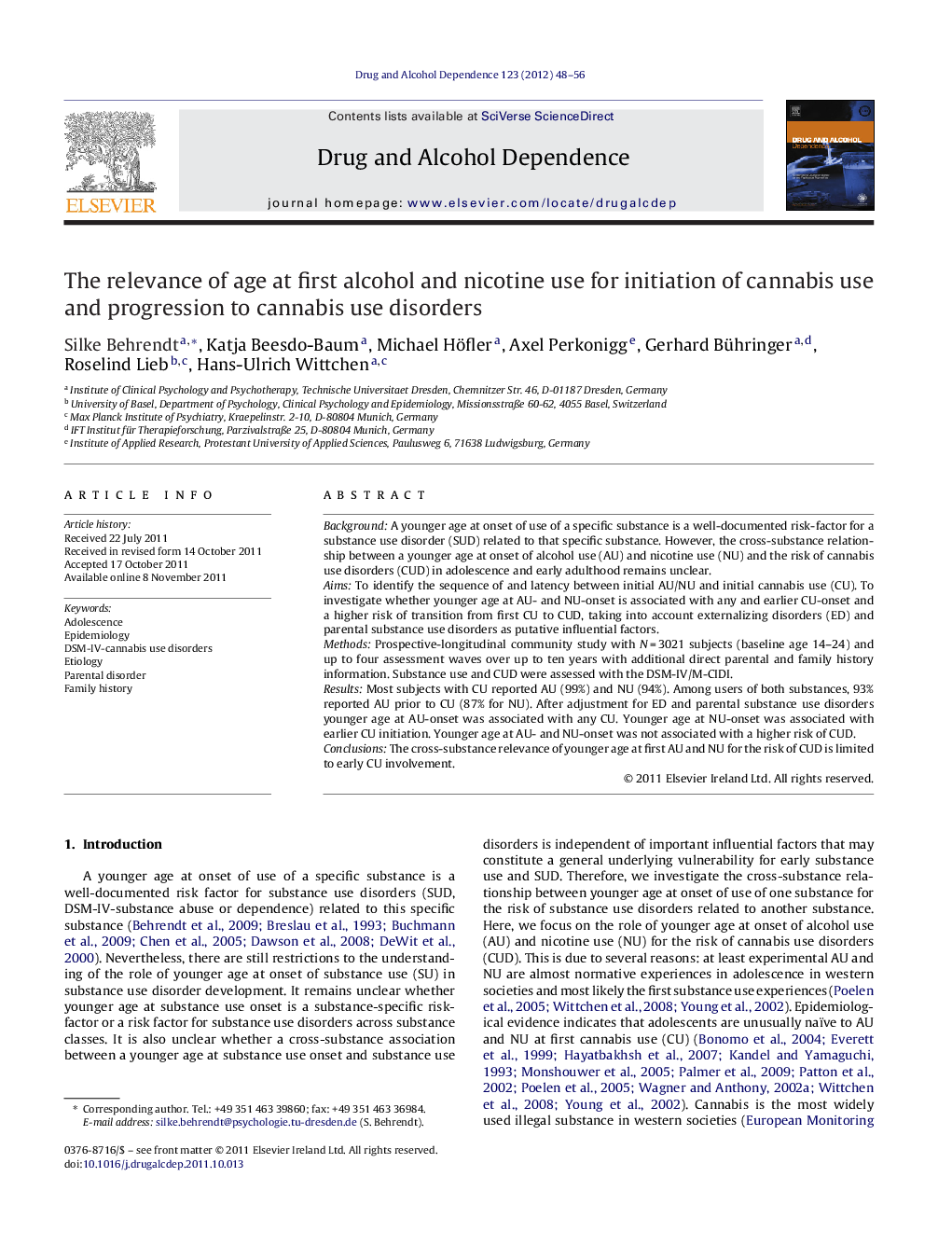 The relevance of age at first alcohol and nicotine use for initiation of cannabis use and progression to cannabis use disorders