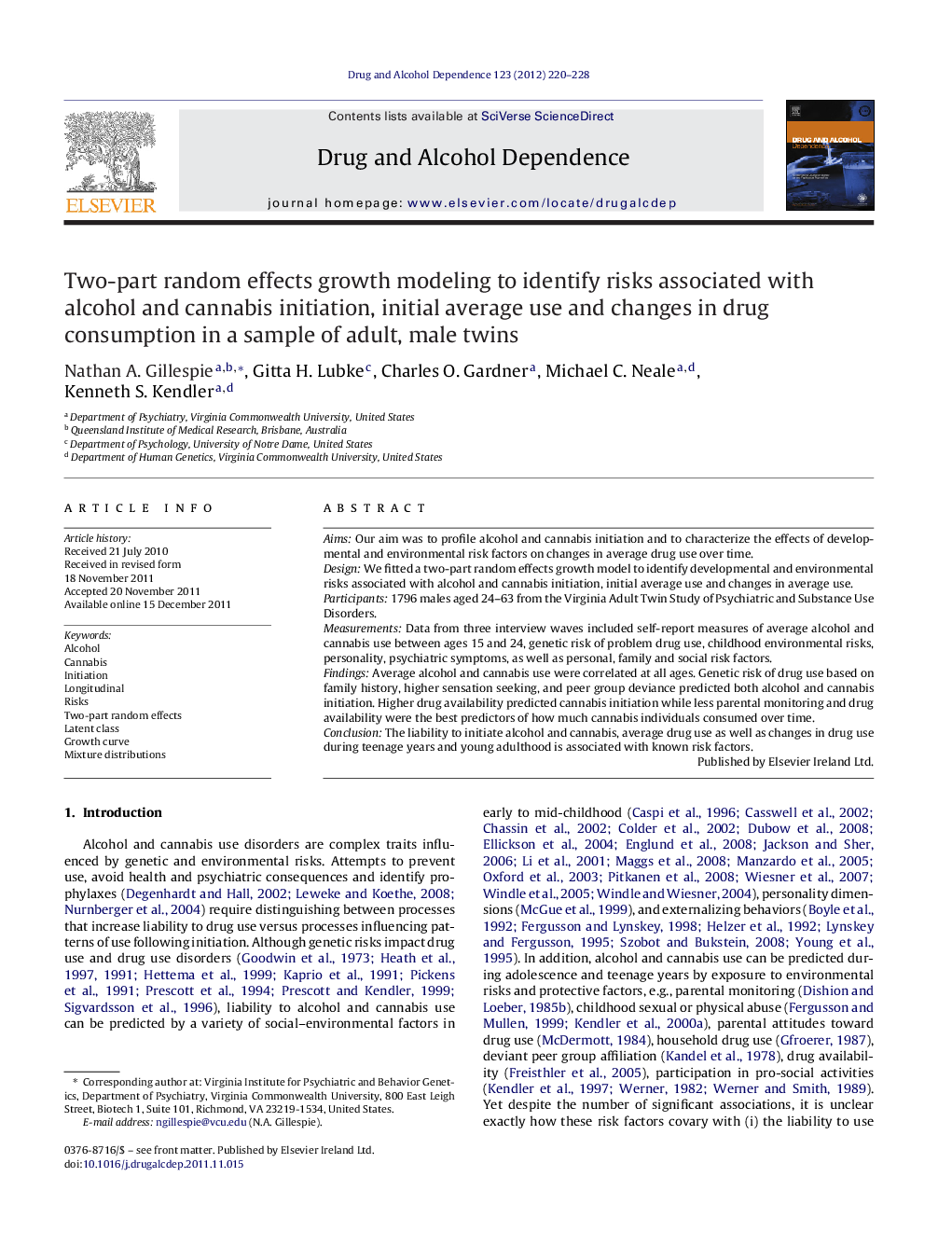 Two-part random effects growth modeling to identify risks associated with alcohol and cannabis initiation, initial average use and changes in drug consumption in a sample of adult, male twins