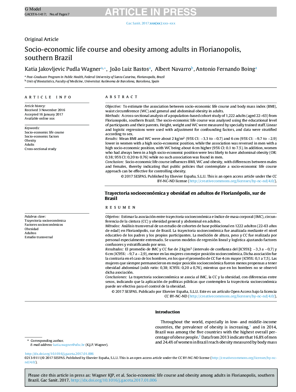 Socio-economic life course and obesity among adults in Florianopolis, southern Brazil