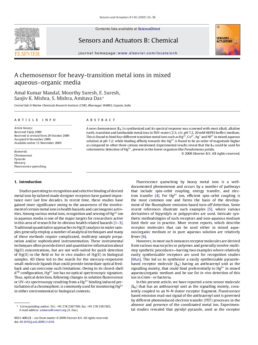 A chemosensor for heavy-transition metal ions in mixed aqueous–organic media