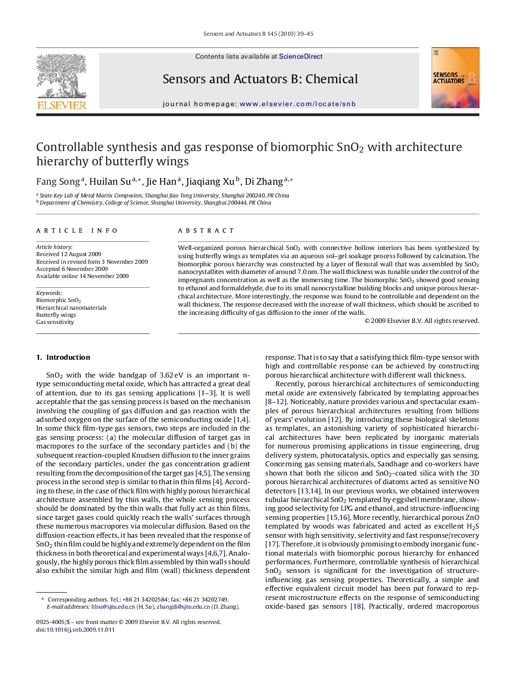 Controllable synthesis and gas response of biomorphic SnO2 with architecture hierarchy of butterfly wings