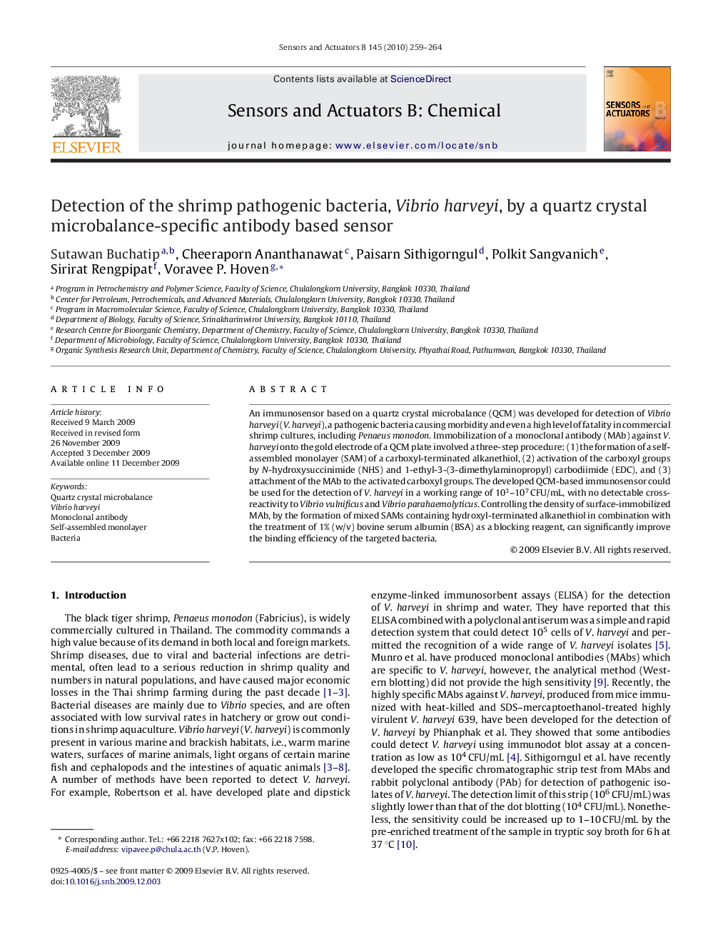 Detection of the shrimp pathogenic bacteria, Vibrio harveyi, by a quartz crystal microbalance-specific antibody based sensor