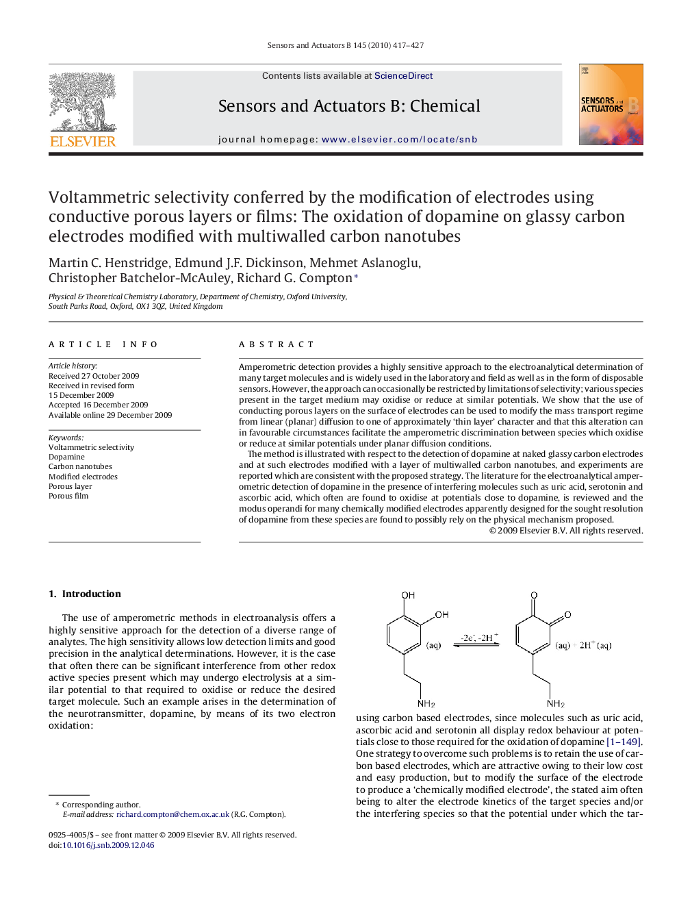 Voltammetric selectivity conferred by the modification of electrodes using conductive porous layers or films: The oxidation of dopamine on glassy carbon electrodes modified with multiwalled carbon nanotubes